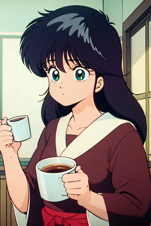 A young girl is holding a coffee cup in her hand, cute 綺麗な顔, cuteナチュラルなアニメの顔, cute - 素敵な - 顔で, sakimi chan, Chiho, Yoshitomo Nara, 若くてcute顔, Beautiful Japanese girl face, 茶色の髪とBig eyes, cute, Beautiful light、Big eyes