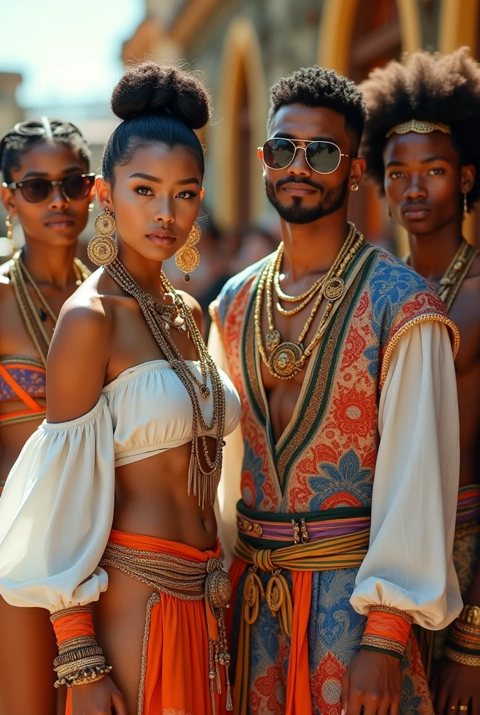 A photorealistic 4K cinematic image of a group of four young adults, a mix of Asian and Latino backgrounds, each exuding fierce individuality and confidence. They stand together in a vibrant, sunlit environment, dressed in tribal-inspired outfits that combine intricate patterns, rich fabrics, and vibrant colors, blending traditional elements with modern fashion.

Each member of the group is adorned with striking, oversized accessories, including large circular earrings, layered necklaces, and geometric sunglasses. Their clothing features flowing garments with detailed embroidery, bold colors, and luxurious fabrics, predominantly white with accents in gold, orange, blue, and purple.

The leader of the group, an Asian woman with her hair styled in a high, intricate bun, wears an off-the-shoulder top with voluminous sleeves and a fitted waist, accentuated by layers of golden chains and woven belts. Her gaze is intense, with vibrant, purple lips and sharp, angular features highlighted by the bright sunlight.

Beside her, a Latino man with strong features wears a similarly intricate outfit, his shirt adorned with gold and orange accents, large dangling earrings, and a layered chest piece. His sunglasses reflect the sunlight as he looks confidently into the distance, embodying a modern, tribal warrior vibe.

The other two members, one Asian and one Latino, wear complementary outfits with bold accessories, including large bracelets and beaded necklaces that add texture and depth to their looks. Their expressions are powerful, each embodying a unique sense of style and strength.

The backdrop is a sunlit street with warm, earthy tones, adding a natural contrast to the vibrant, richly colored outfits. The lighting enhances the textures and details of the fabrics and accessories, creating a cinematic atmosphere that captures the boldness and individuality of each character.

[Lighting: Bright sunlight with sharp contrasts] [Camera: Medium group shot] [Resolution: 4k]