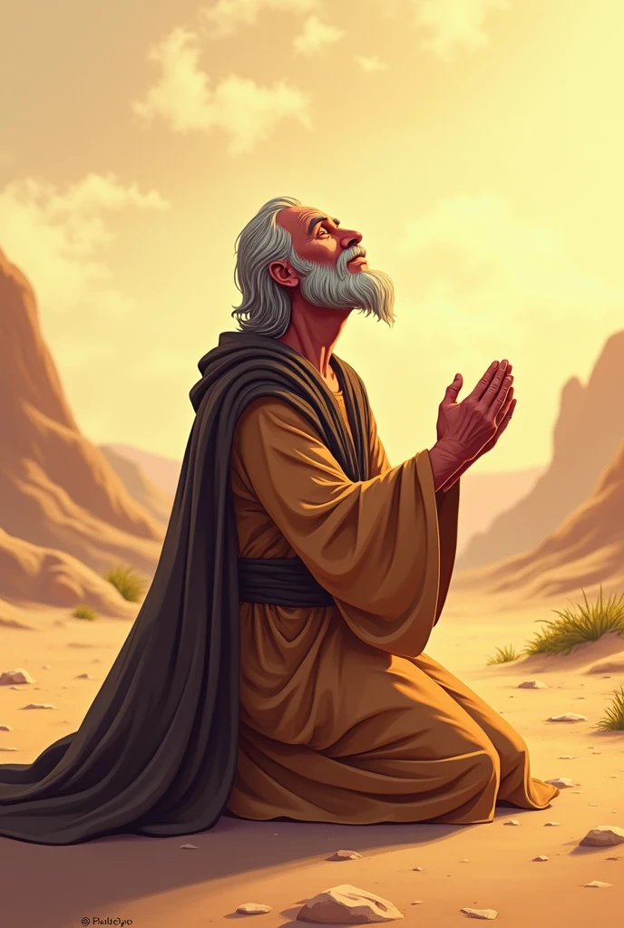 Samuel in Israelite robes kneeling and praying looking up animated