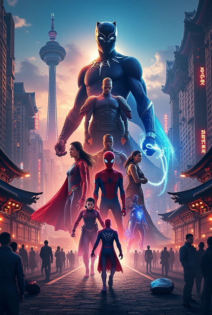 Create an image of a MARVEL movie poster and MARVEL characters with the theme of: seoul the capital of south korea with more elements of the capital of korea