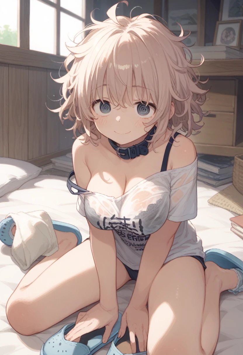 1girl, solo, ((Messy hair)), A worn-out t-shirt, The collar is stretched and wrinkled, shoulders are visible through his wrinkled shirt, bra strap slip, (Messy Hair), Dirty clothes, ((Dark circles under the eyes)), Sleepy and unfocused eyes, A helpless smile, Medium build, あぐらをかいて座っている with the crotch in the crotch, slipper, large breasts, indoors, ((A disastrous situation with things scattered everywhere)), 