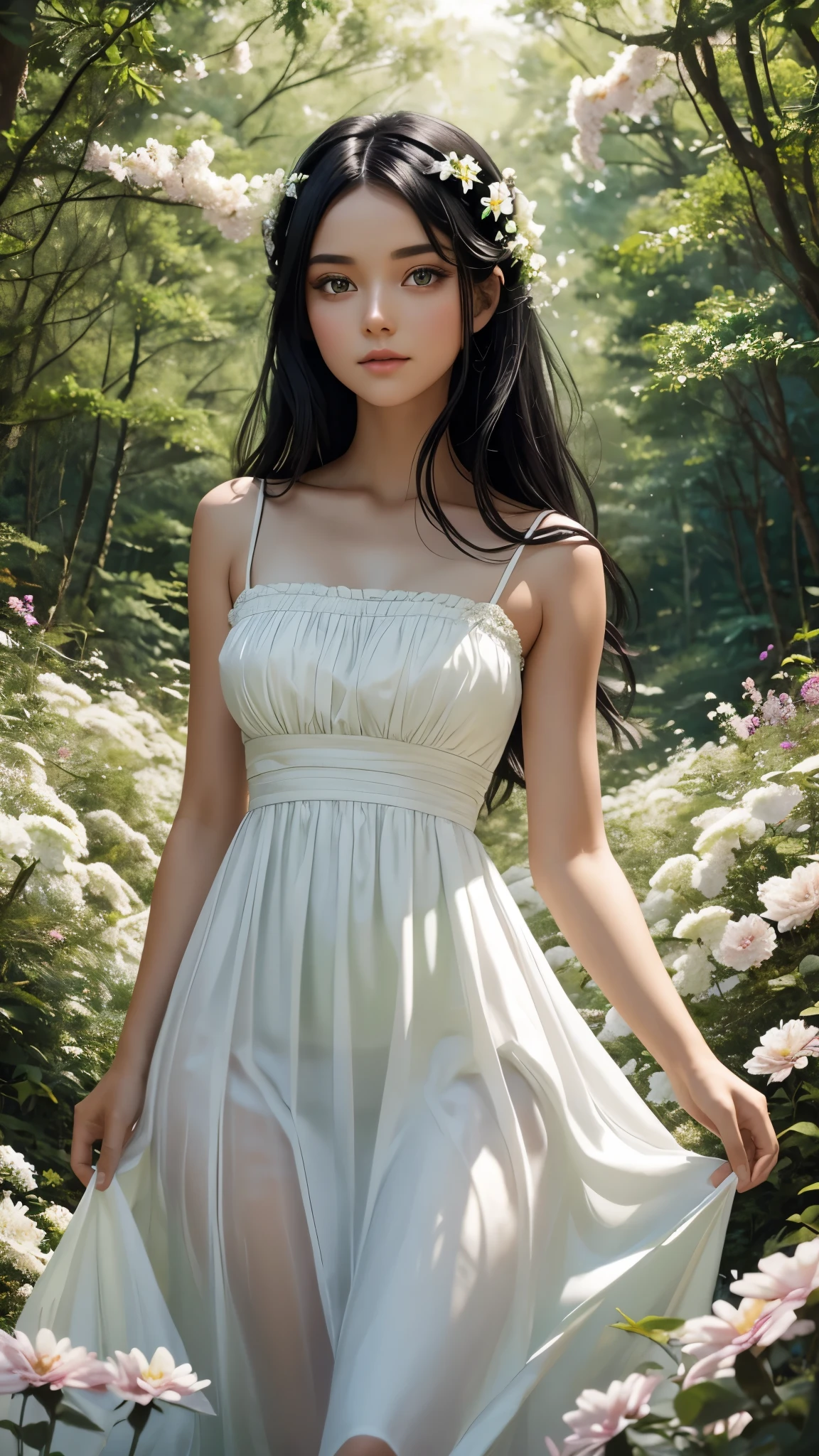 Black-haired girl with green eyes in a white dress in a beautiful forest full of flowers