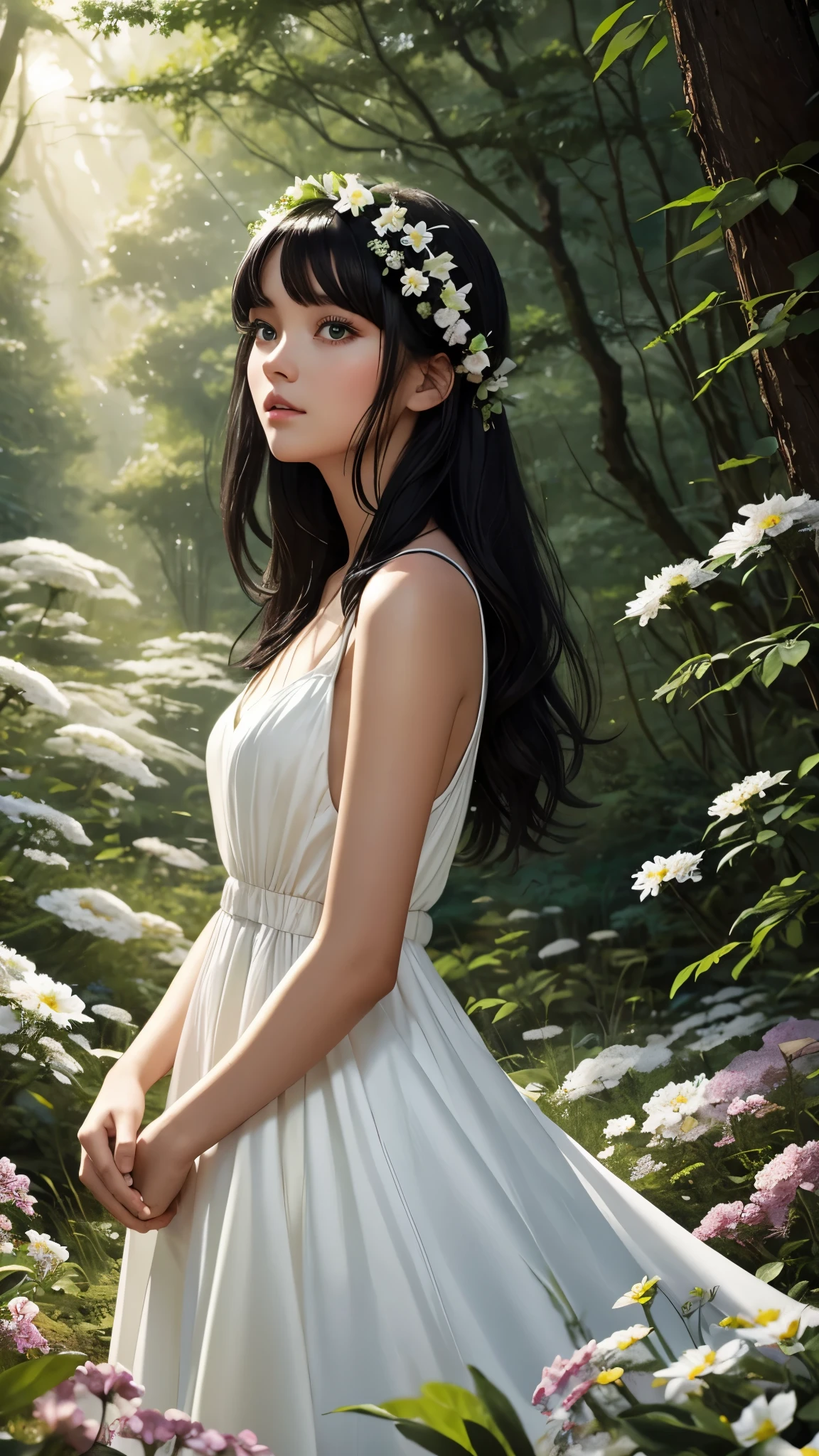 Black-haired girl with green eyes in a white dress in a beautiful forest full of flowers