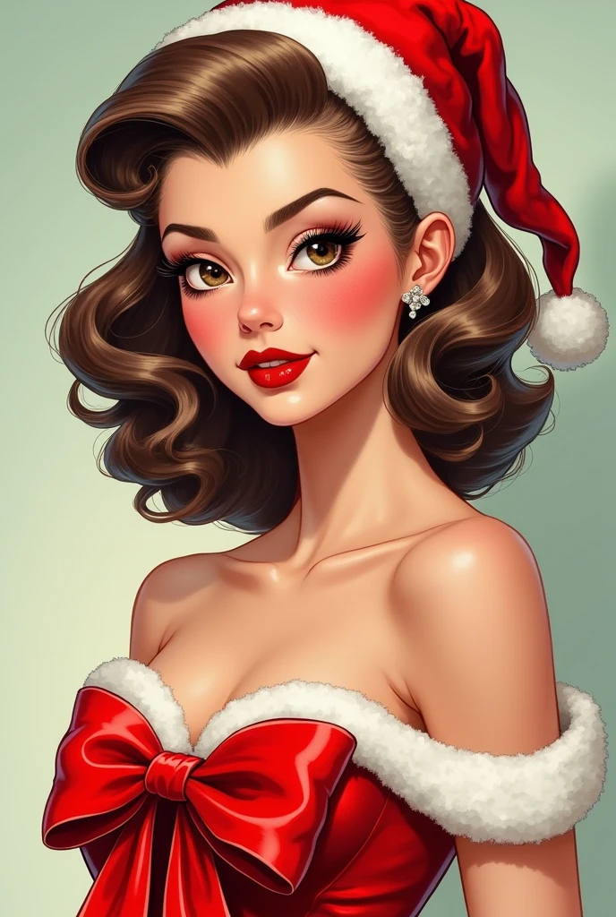 A close-up of a woman wearing a Santa hat , dressed with a red bow, pin up art, girl pin up, pin up girl, pin up poster girl, pin up model, retro pin up model, pin up girl, pin up girl, pin up, pin up, pin up, pin up, Gil ELVGREN style, pin up pose, pin up style poster, comic pin up style