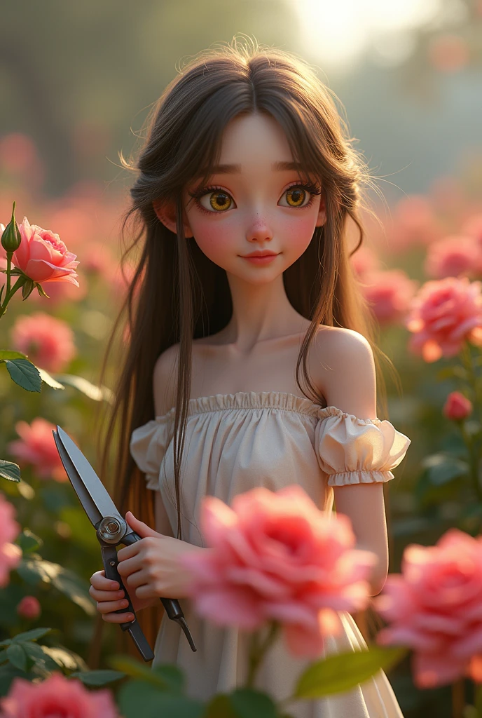 The character has long, straight, messy, browns  hair, bright yellow eyes, snow-white skin, a perfect and delicate face, she is very beautiful and is 2, make the image in the Pixar style Disney, in 9:16 format.Equipped with a pair of sharp pruning shears, the character meticulously trims the rose bushes, removing dead or overgrown branches. They handle each stem with care, ensuring the roses will grow back healthier and more vibrant. The sweet scent of roses fills the air, and the character takes a moment to admire their handiwork