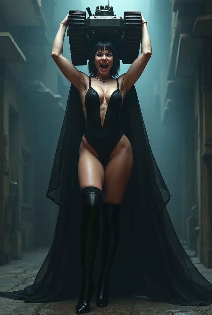 Dark short haircut blue eyes big boobs big butts muscled BBW giantess bellísima vampira bragas stockings capa high heels levanta un tanque por encima de su cabeza riendo con fangs