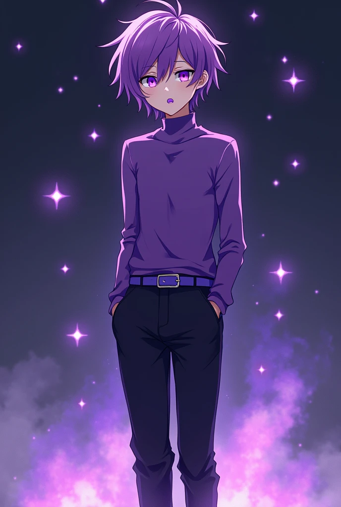 anime style, 16K, a high resolution, Best quality, high quality, super detailing, high detail, accurate, masterpiece, uhd, 1male, tall teenager boy, purple pupils, violet turtleneck, black trouser with violet belt, white shoes, purple hair, calm look, calming pose with hands in pockets, violet aura with small purple stars, open mouth, showing tongue with violet Moon print, full focus on body, look at the viewer,