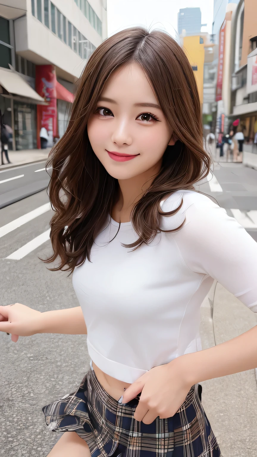 Tabletop, Highest quality, figure, Very detailed, In detail, High resolution, 8k wallpaper, Perfect dynamic composition, Beautiful attention to detail, (mini skirt、Panty shot 1.2),Medium Hair, Natural color lip, Random sexy poses,smile,Aoyama Street Walk、2