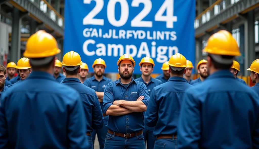 Metalworkers protest in front of a modern factory, with big blue banners, whites and yellows, demanding more rights. The workers are united, some with arms crossed, and the scene is filled with an atmosphere of determination and struggle, banners and banners with phrases: "2024 Salary Campaign", workers in blue uniforms, Yellow safety helmet, from front to camera, Bottom Factory.