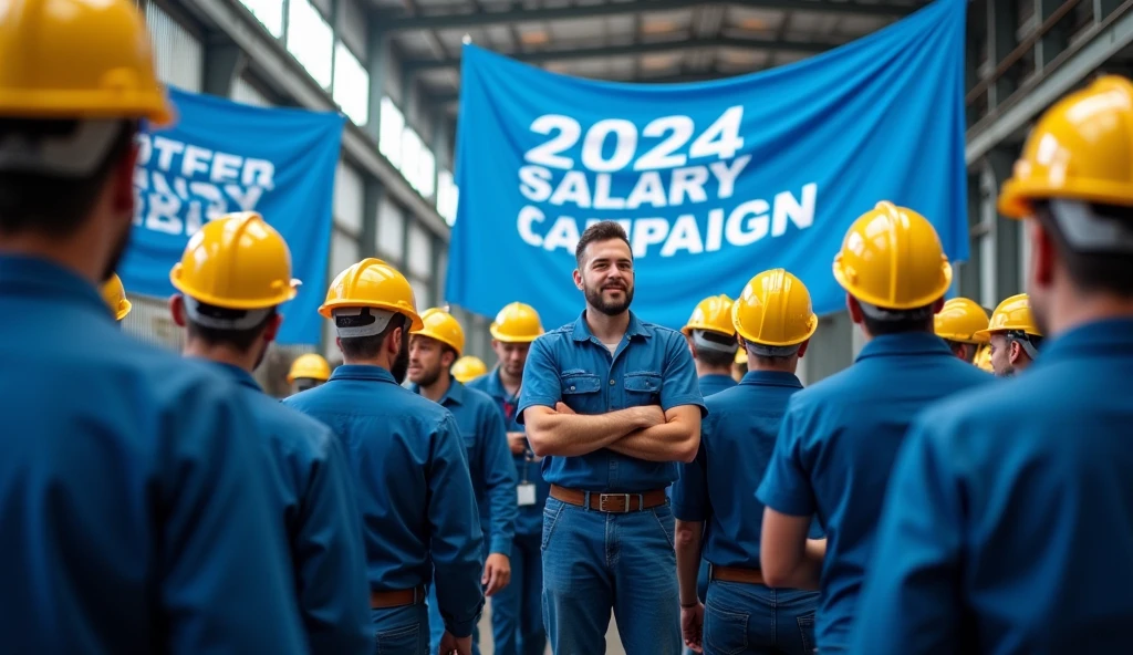 Metalworkers protest in front of a modern factory, with big blue banners, whites and yellows, demanding more rights. The workers are united, some with arms crossed, and the scene is filled with an atmosphere of determination and struggle, banners and banners with phrases: "2024 Salary Campaign", workers in blue uniforms, Yellow safety helmet, from front to camera, Bottom Factory.