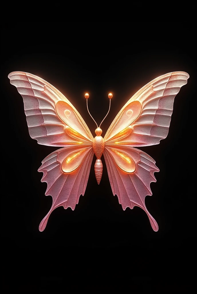 Completely black background with a butterfly in the middle of the screen, with colors in combination with pale pink and gold, crystal art style, medieval and mythical, that has details within the structure of the drawing referring to a parrot, a sea turtle and a musical note