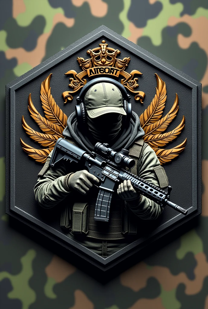 Create Hexagonal Rubber Patch Cliché Image, camouflage coat of arms background,military coat of arms with the name Lukinha Airsoft and an operator carrying an m4 rifle wearing a cap and headphones