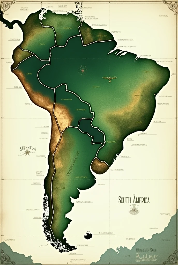 cover with cartographic drawing of South America in shades of green