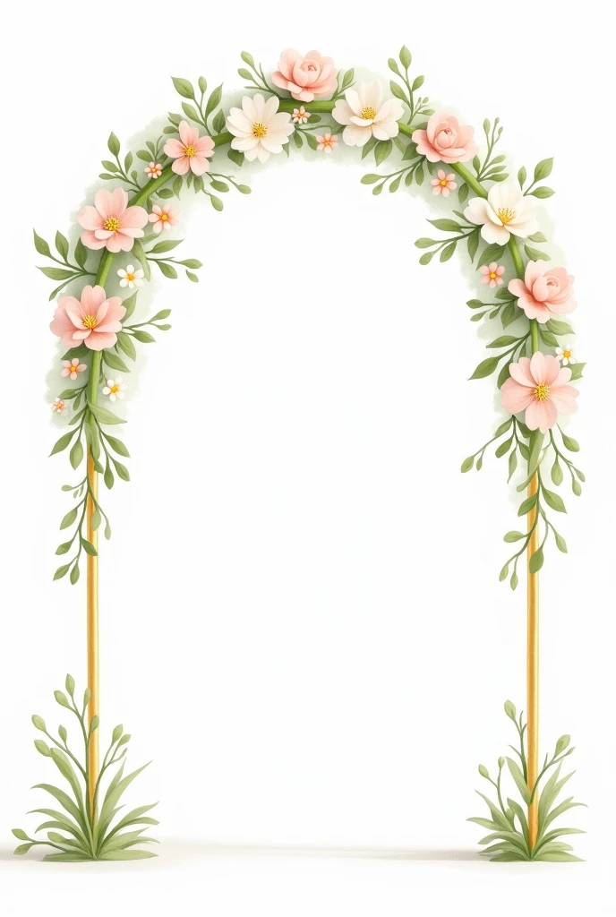 Make me a 2D Pixar-style animated illustration,
on a white background, an arch of delicate and small flowers with a sweet and simple style, in watercolor style and in green colors, Pink and white. for a first communion., the arch must be golden, with white flowers with soft pink details..
The overall style of the illustration is cute and adorable., The design is simple and lovely., evoking a sense of innocence and purity.