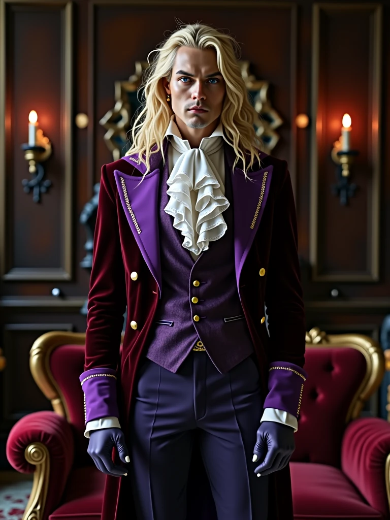 Pale and tall man, Appears to be 30-3. It's been a long time (to the waist) With light blond hair with a golden tint, Thin gray-blue eyes with dark purple eyeshadow and noticeably high cheekbones. His clothes are in Victorian style, old, Long dark burgundy jacket with lavender lining and gold pins on the folded cuffs. Under his jacket he has a purple vest over a white ruffled shirt, Wearing classic purple trousers, In dark blue knee-high boots and gloves of the same color.