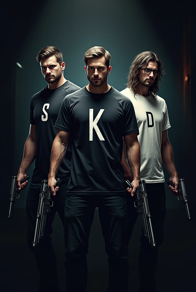 Gamer logo of three people with weapons and initials on their shirts (s)the other one (k) y the other one (D) that the background is horror that one is dark the other white and the other with long hair that they are men with the initials on the shirt one with the (s) the other with the (k) and the long-haired one with the(D)