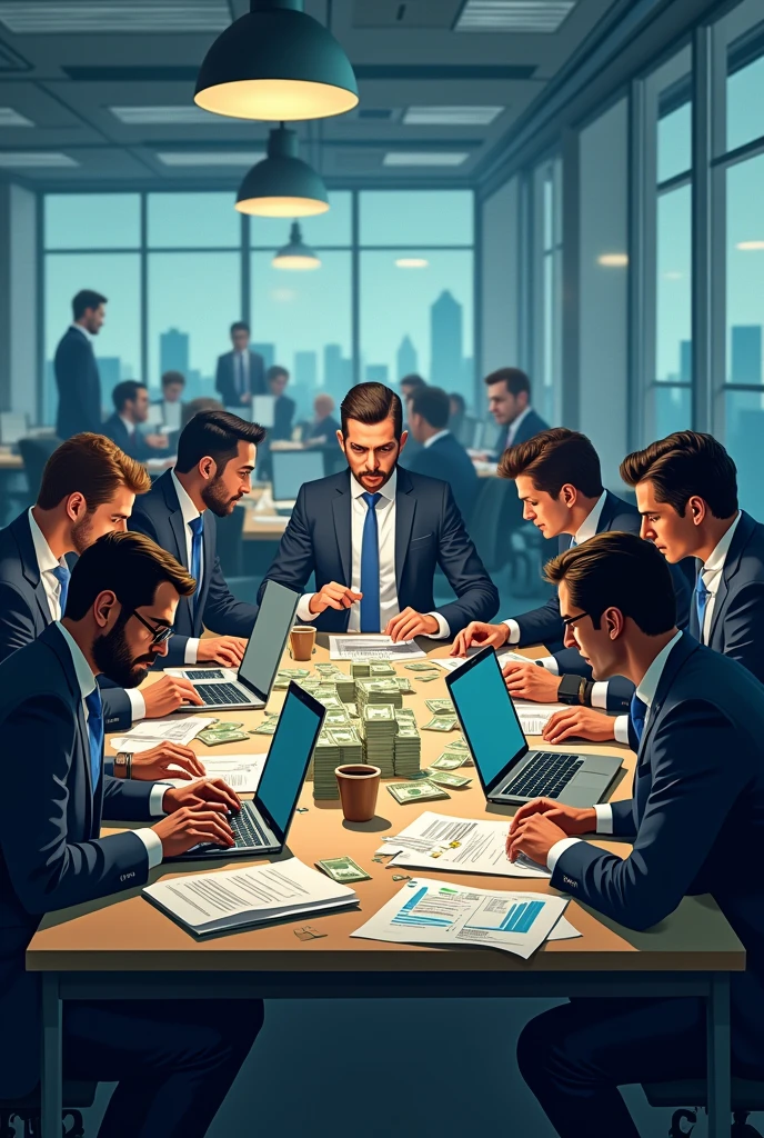 Image of a whole team of.sports betting analysts, Analyzing football matches with wads of bills on work tables 