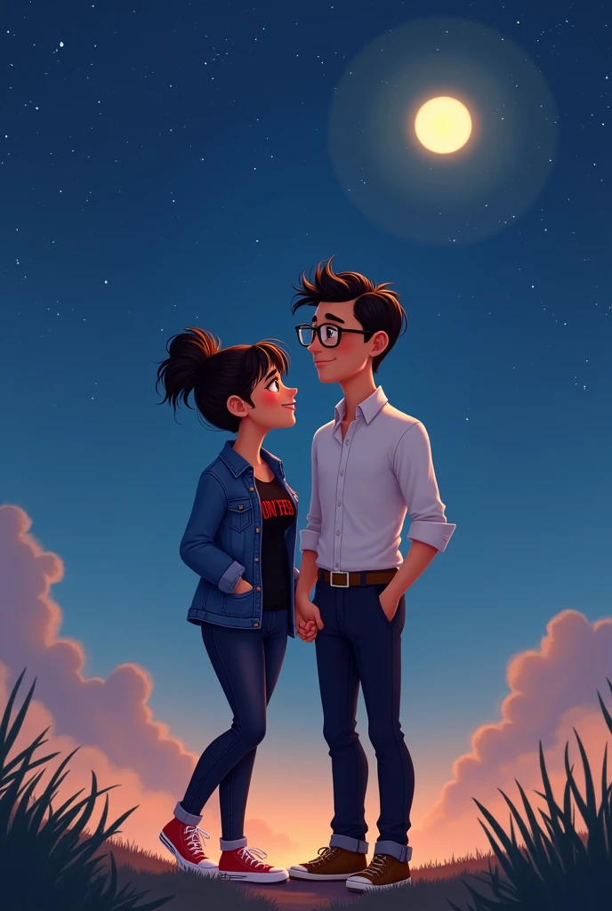 A couple arm in arm.
She is smiling, has a robust build, wide legs, small ears, and a light complexion., wide nose big brown eyes hair in a bun and straight curtain bangs, you wore a black Jurassic Park blouse, with a black denim jacket, black jeans and red converse. He is of slim build, tez morena, He wears square glasses, a wide nose, small eyes, short dark straight hair, small ears, and a formal white button-down shirt and black dress pants with brown shoes., protagonists of a Disney Pixar movie digital art. Watching the stars and the moon