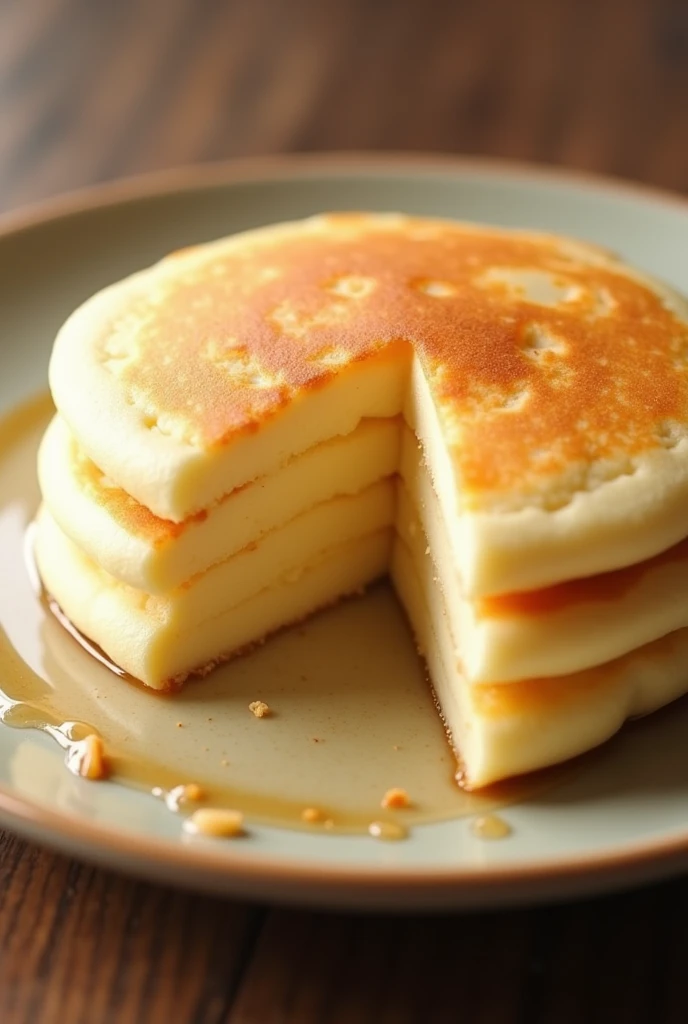 One fluffy Japanese pancake. Without butter and honey. Bitten big piece