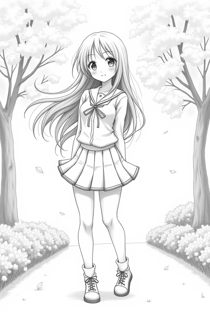 Create a traditional-style no color pencil drawing anime drawing of a young girl with long, flowing hair and large, . She is wearing a classic school uniform with a white blouse and  skirt. Her pose is dynamic, with a cheerful expression, standing in a serene garden setting with cherry blossoms in the background. 