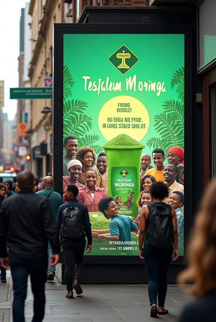 Big advert Tesfalem moringa in it & moringa poweder & every one looking at it