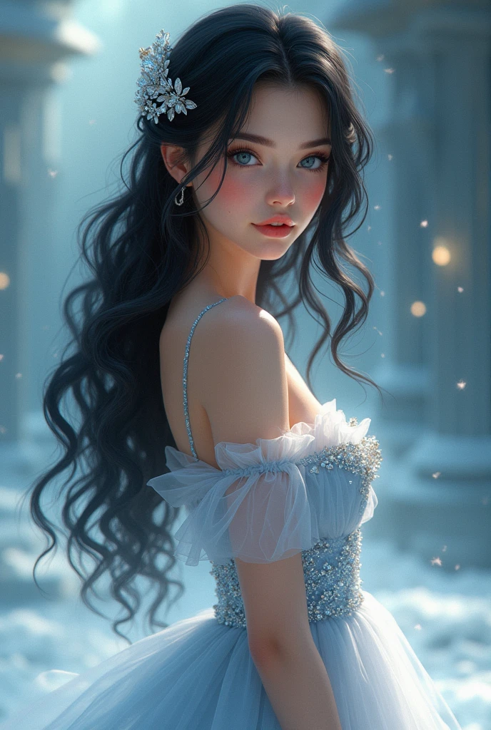A beautiful and beautiful young princess with black hair and blue eyes, she is wearing her transparent dress