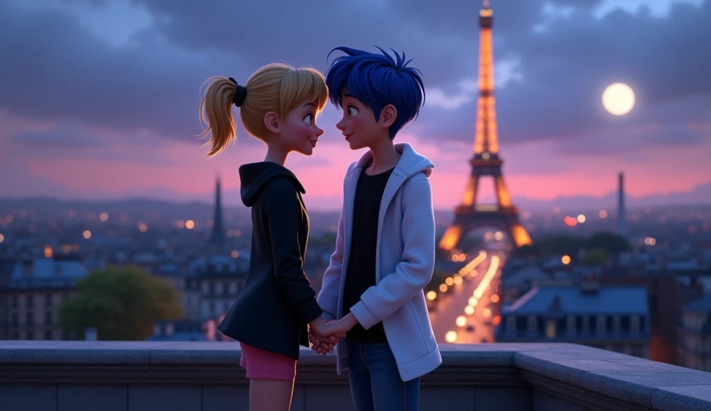 Ladybug (Marinette),age girl, blue_hair_color,pigtails_hairstyle,short_hair,wearing her black coat with white t-shirt and short pink denim, Depict Cat Noir (Adrien),teenboy,blond_hairstyle,he wearing white coat with bkack t-shirt and blue denim The young boy is a taller than the young girl,Ladybug and Cat Noir are standing on the edge of a Parisian rooftop, marinette and adrian are holding hands, the Eiffel Tower and the Seine River are visible in the distance,illuminated by moonlight,the rooftop setting should have a soft,intimate atmosphere, 3d animation, Disney inspiration, High quality image,8k,full body image