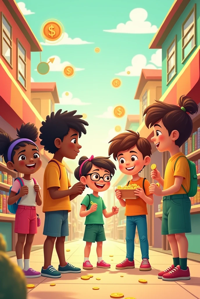 Design an engaging and educational image for children aged 6 to 12 that highlights the concept of financial literacy. In the scene, show a group of kids in a vibrant, cartoon-like market, where they are buying and selling simple items like toys, books, or snacks using colorful coins or play money. Include cheerful background elements like upward-trending graphs, dollar signs, and coins to suggest growth and learning. Use a warm, inviting color palette with shades like orange, green, and pink to capture the interest of young viewers.