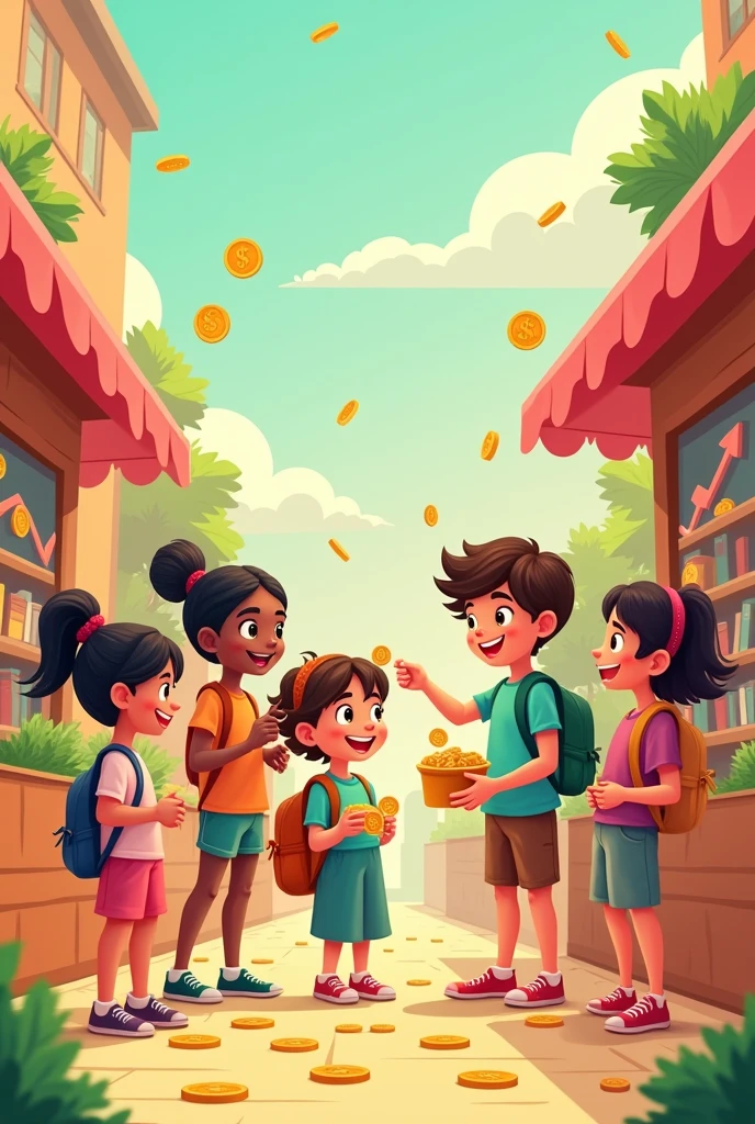 Design an engaging and educational image for children aged 6 to 12 that highlights the concept of financial literacy. In the scene, show a group of kids in a vibrant, cartoon-like market, where they are buying and selling simple items like toys, books, or snacks using colorful coins or play money. Include cheerful background elements like upward-trending graphs, dollar signs, and coins to suggest growth and learning. Use a warm, inviting color palette with shades like orange, green, and pink to capture the interest of young viewers.

