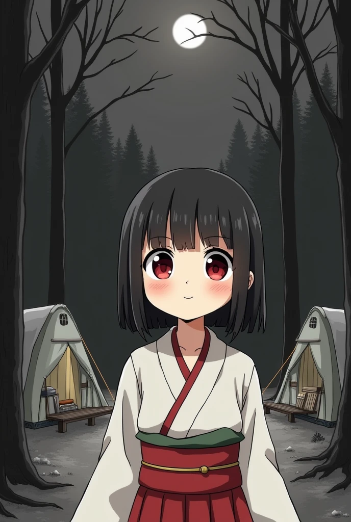 (1 girl:1.2), solo, himecut,traditional japanese clothes, red eyes,cartoon style, joe fenton, a black and white photo of deadpan, camping, unbecoming, gnawling, envy, Ghast (Lovecraftian),calm, soft smile, Wayne Barlowe,, in gochuumon wa usagi desu ka? style, nostalgic