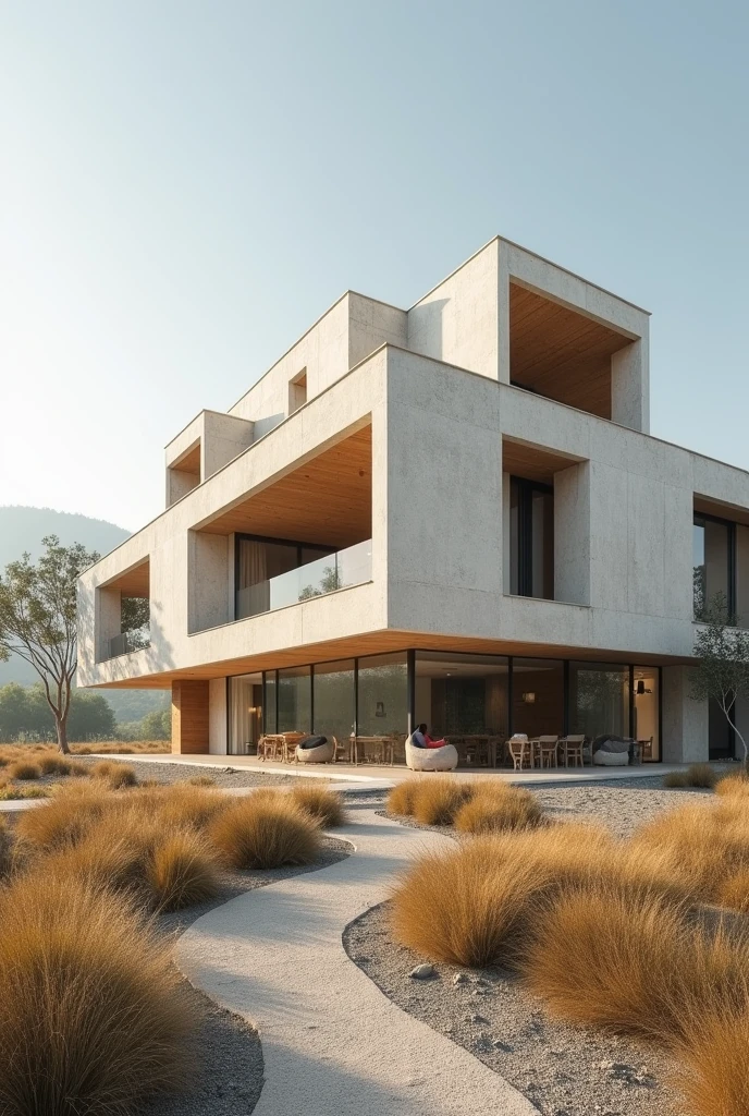 Create an architectural image for the outside of a very large, open-concept, single-story equine therapy center for people with disabilities that looks complete with the features of the works of architect Carme Pinós, with very abstract and superimposed square figures
