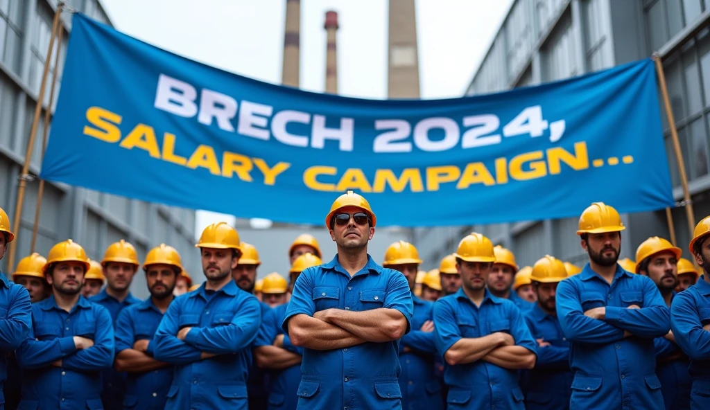 Metalworkers protest in front of a modern factory, with big blue banners, whites and yellows, demanding more rights. The workers are united, some with arms crossed, and the scene is filled with an atmosphere of determination and struggle, banners and banners with phrases: "2024 Salary Campaign", workers in blue uniforms, Yellow safety helmet, from front to camera, Bottom Factory.