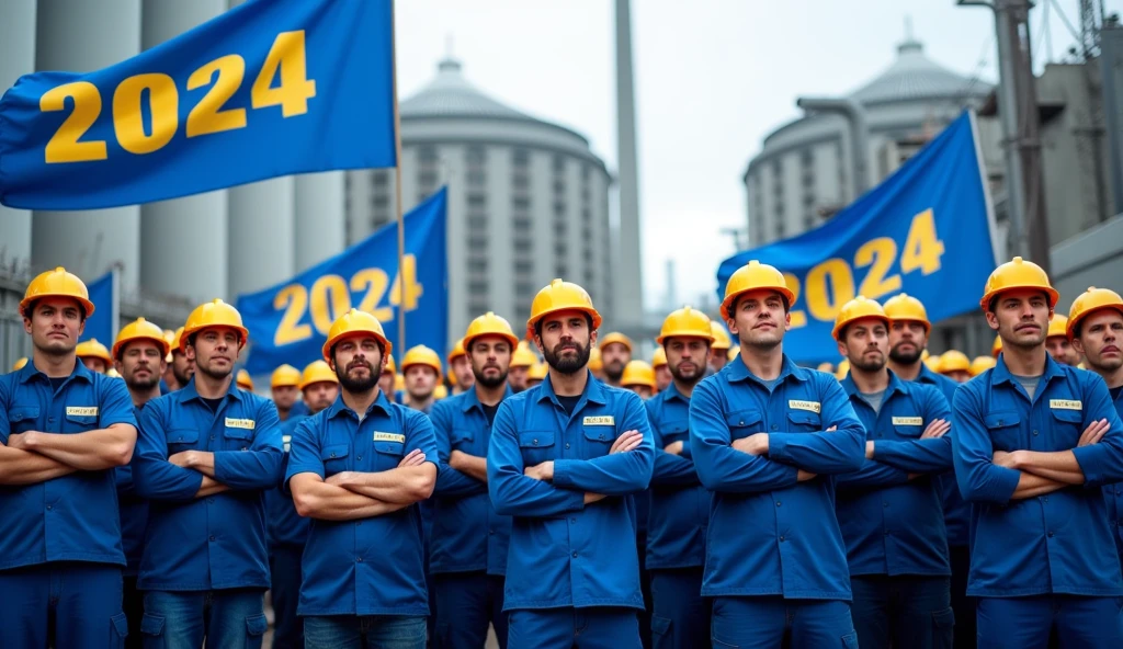 Metalworkers protest in front of a modern factory, with big blue banners, whites and yellows, demanding more rights. The workers are united, some with arms crossed, and the scene is filled with an atmosphere of determination and struggle, banners and banners with phrases: "2024 Salary Campaign", workers in blue uniforms, Yellow safety helmet, from front to camera, Bottom Factory.