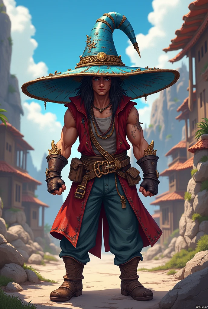 tibia game (work of art),(best qualityer:1.0), (ultra high resolution:1.0), detailed illustration, 8k, アニメ, work of art, wearing a big blue hat on his rusty head , detailed hat, best qualityer,(wanderer:1.2), red lo, bed-in, (impacto genshin), 1 , male focus, standing alone, Vest,(kbxl:0.5), estilo アニメ, vibrant archer, sleeping, flexas, I am