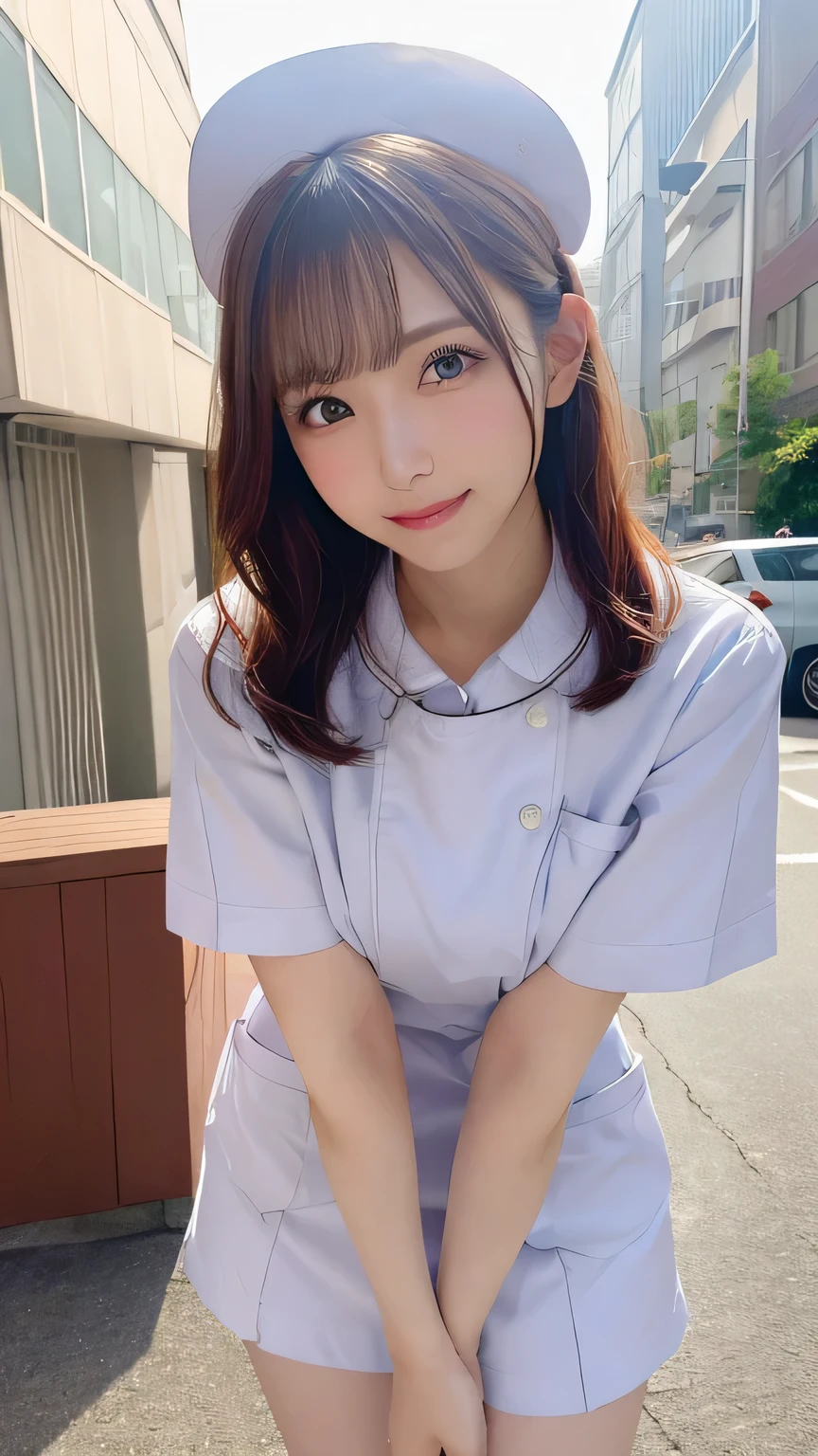 Tabletop, Highest quality, figure, Very detailed, In detail, High resolution, 8k wallpaper, Perfect dynamic composition, Beautiful attention to detail, (Nurse uniform、Panty shot 1.2),Medium Hair, Natural color lip, Random sexy poses,smile,Aoyama Street Walk、2