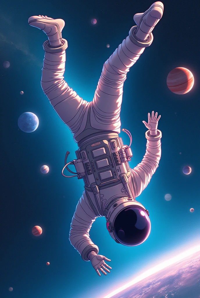 Astronaut falling upside down in space facing planets anime graphic