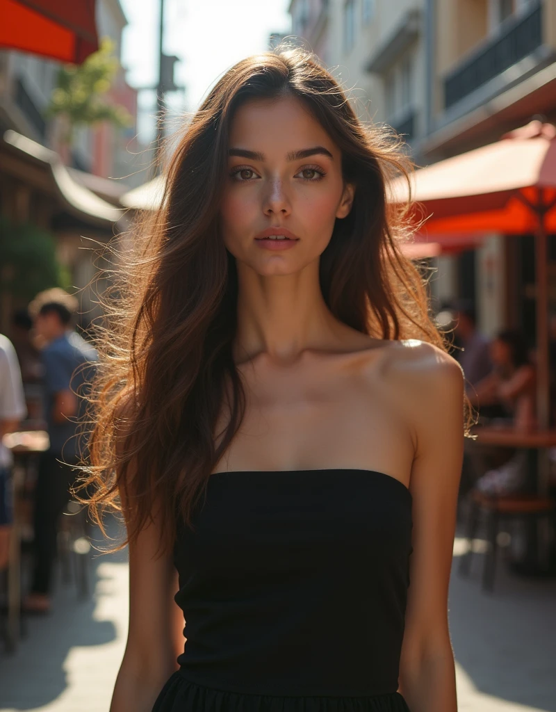 she is name ahu 20 years old (brunette) ,(tall woman),(long legs),single woman, chest 80 waist 60 hip 80 , G30,big normal breast, tall woman walk crowded city. she is wear black strapless dress, looking to city view she gazed around , aftrenoon, background cafes,RAW, Nikon Z 85mm, award-winning glamor photography, ((best quality)), ((masterpiece)), ((realistic)), (long brunette hair), hazel eyes,intricate details, highly detailed, sharp focus, professional, 4k, stunning hazel eyes, delicate, innocent, high resolution, detailed facial features, high detail, sharp focus, soft , aesthetic, extremely detailed, photo_\(ultra\), photorealistic, realistic, post-processing, maximum detail, real life, ultra-realistic, photorealism, photography, 8k uhd, photography, russian face