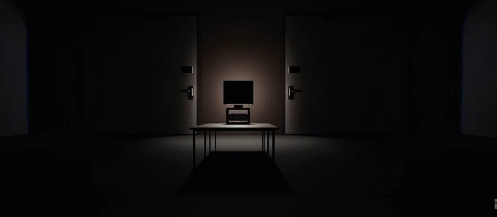 I want you to create images. I&#39;m going to use them in a fnaf fan game I&#39;m making., call "Five Night's at Sandman". Image Description: A dark and gloomy room, with a table and a security monitor on top of it. There needs to be a half-open door on the sides of the table. (not completely open). Place the doors on the wall in front of the table.. Do not place doors on the walls that are on the sides of the table.. Important: A DOOR ON EACH SIDE OF THE TABLE! *The image needs to be in first person, as if the camera were a person&#39;s eyes* make a realistic image. REMEMBER THE IMAGE IS FOR A GAME/FNAF STYLE FAN GAME!