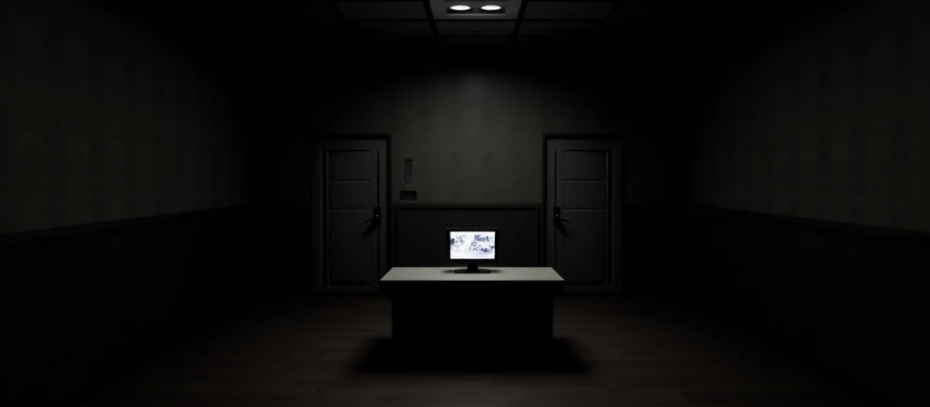 I want you to create images. I'm going to use them in a fnaf fan game I'm making., call "Five Night's at Sandman". Image Description: A dark and gloomy room, with a table and a security monitor on top of it. There needs to be a half-open door on the sides of the table. (not completely open). Place the doors on the wall in front of the table.. Do not place doors on the walls that are on the sides of the table.. Important: A DOOR ON EACH SIDE OF THE TABLE! *The image needs to be in first person, as if the camera were a person's eyes* make a realistic image. REMEMBER THE IMAGE IS FOR A GAME/FNAF STYLE FAN GAME!