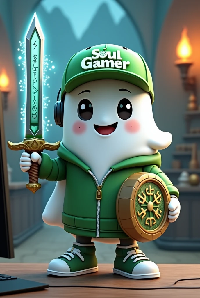 For the 3D mascot design with a friendly appearance and RPG theme:

The mascot is a friendly ghost with a white, wavy form, maintaining its ghostly essence. Its large black eyes and animated smile reflect a cheerful character. The ghost wears a green cap with the "Soul Gamer" logo in white on the front, a green hooded jacket, and green sneakers with white details. The ghost is engaged in an RPG-themed scene, holding a glowing sword in its right hand and a round shield in its left. The sword features a gleaming blade with magical runes in blue or green, and the shield is decorated with ancient symbols in green to match the mascot's look. The ghost also wears a black headset with green details and an adjustable microphone, tilted slightly to the side as if coordinating strategies during a battle. The background includes a fantasy landscape with mountains, a stone bridge, and lit torches, with light effects emanating from the sword and shield to create a magical atmosphere.

For the game store scene:

The mascot maintains its white ghostly form, with large black eyes and an animated smile. It is wearing the green cap with the "Soul Gamer" logo, the green hooded jacket, and green sneakers with white details. Instead of holding a sword and shield, the ghost is playing a video game on a console. It is positioned in front of a monitor, with its hands on the controller, showing concentration and enthusiasm while gaming. The black headset with green details and adjustable microphone is comfortably positioned, indicating that the ghost is interacting with other players or commenting on the game in real time. The environment around is a game store, with shelves of games and consoles, posters of game releases, and a display of featured products. The mascot displays a determined and excited expression, reflecting its passion for gaming. Soft light effects can be added around the monitor and controller, highlighting the action of the game and creating a vibrant, engaging atmosphe