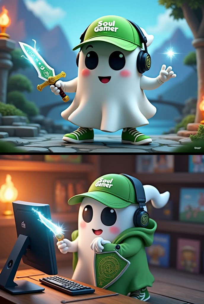 For the 3D mascot design with a friendly appearance and RPG theme:

The mascot is a friendly ghost with a white, wavy form, maintaining its ghostly essence. Its large black eyes and animated smile reflect a cheerful character. The ghost wears a green cap with the "Soul Gamer" logo in white on the front, a green hooded jacket, and green sneakers with white details. The ghost is engaged in an RPG-themed scene, holding a glowing sword in its right hand and a round shield in its left. The sword features a gleaming blade with magical runes in blue or green, and the shield is decorated with ancient symbols in green to match the mascot's look. The ghost also wears a black headset with green details and an adjustable microphone, tilted slightly to the side as if coordinating strategies during a battle. The background includes a fantasy landscape with mountains, a stone bridge, and lit torches, with light effects emanating from the sword and shield to create a magical atmosphere.

For the game store scene:

The mascot maintains its white ghostly form, with large black eyes and an animated smile. It is wearing the green cap with the "Soul Gamer" logo, the green hooded jacket, and green sneakers with white details. Instead of holding a sword and shield, the ghost is playing a video game on a console. It is positioned in front of a monitor, with its hands on the controller, showing concentration and enthusiasm while gaming. The black headset with green details and adjustable microphone is comfortably positioned, indicating that the ghost is interacting with other players or commenting on the game in real time. The environment around is a game store, with shelves of games and consoles, posters of game releases, and a display of featured products. The mascot displays a determined and excited expression, reflecting its passion for gaming. Soft light effects can be added around the monitor and controller, highlighting the action of the game and creating a vibrant, engaging atmosphe