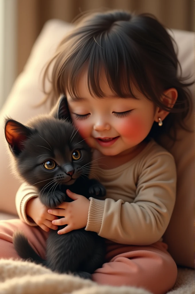 Cute black kitten、Being held by his cute owner&#39;s little one