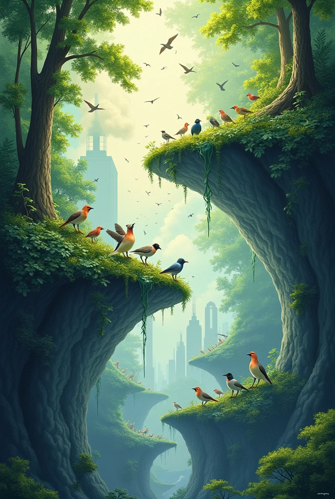 Main Image: A cover divided into two halves: On top, a vibrant natural landscape with birds and lush vegetation; On the bottom, a grey city with buildings and smoke. In the middle, a spiral that connects both worlds, with small green shoots emerging from the grey city and growing into the vibrant landscape.