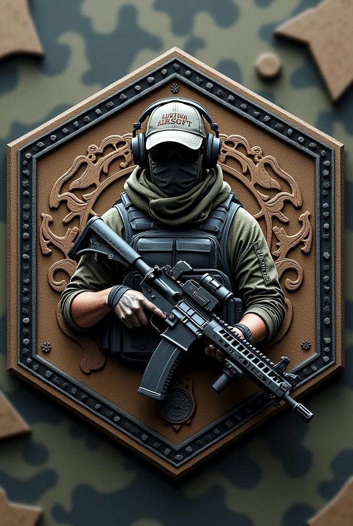 Create Hexagonal Rubber Patch Cliché Image, camouflage coat of arms background,military coat of arms with the name Lukinha Airsoft and an operator carrying an m4 rifle wearing a cap and headphones