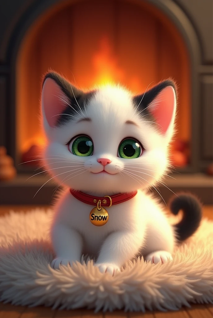 A cute and furry white kitten with a black tail with a black spot on its back and black markings after its ears and a black muzzle with green eyes with a red collar with a pendant saying "Snow" what is the name of the cat sitting on a rug with a fireplace behind it