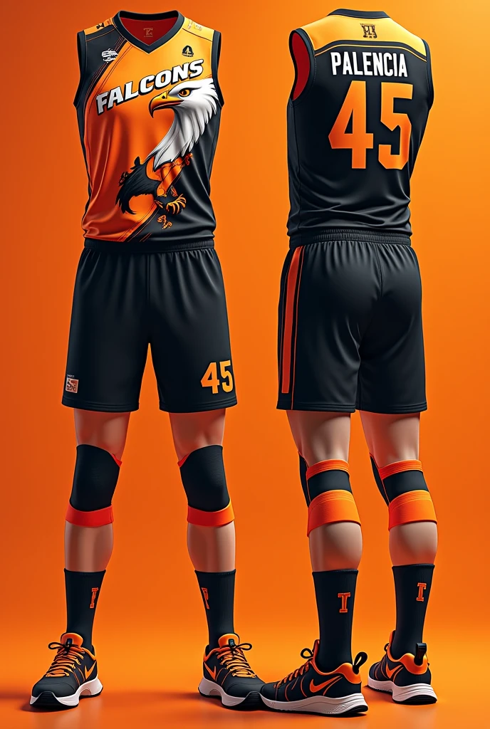 I want a volleyball uniform for a team called falcons, The main colors are orange, black and white, and the characteristic animal is the eagle, be very creative, I want you to make the back with the name Palencia and the number 45