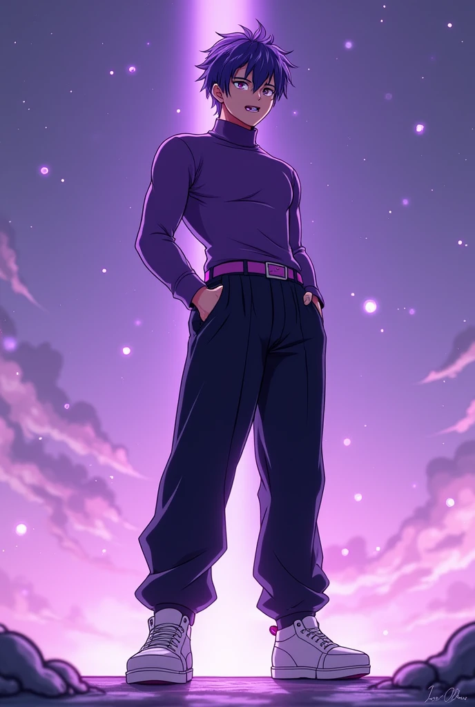 anime style, 16K, a high resolution, Best quality, high quality, super detailing, high detail, accurate, masterpiece, uhd, 1male, pumped up tall ager boy, purple pupils, violet turtleneck, black trouser with violet belt, white shoes, purple hair, calm look, calming pose with hands in pockets, violet aura with small purple stars, wide open mouth with showing tongue with violet Moon print, full focus on body, look at the viewer,