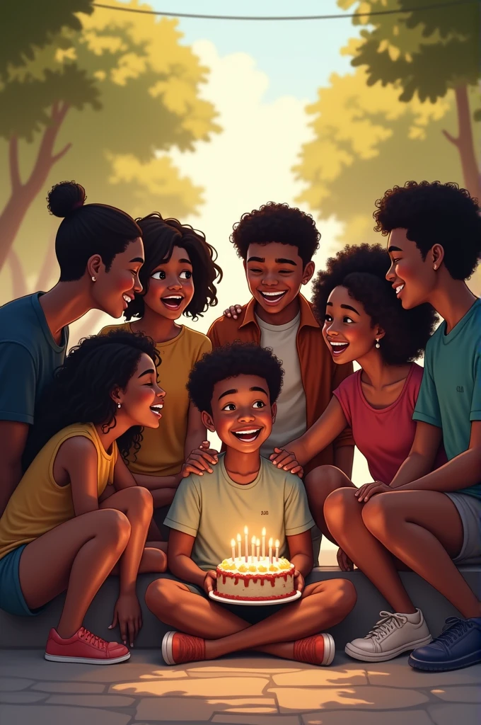 A dark skinned boy standing with friends who are all dark skinned girls and boys at the campus entrance and all his friends wishing him a happy birthday 