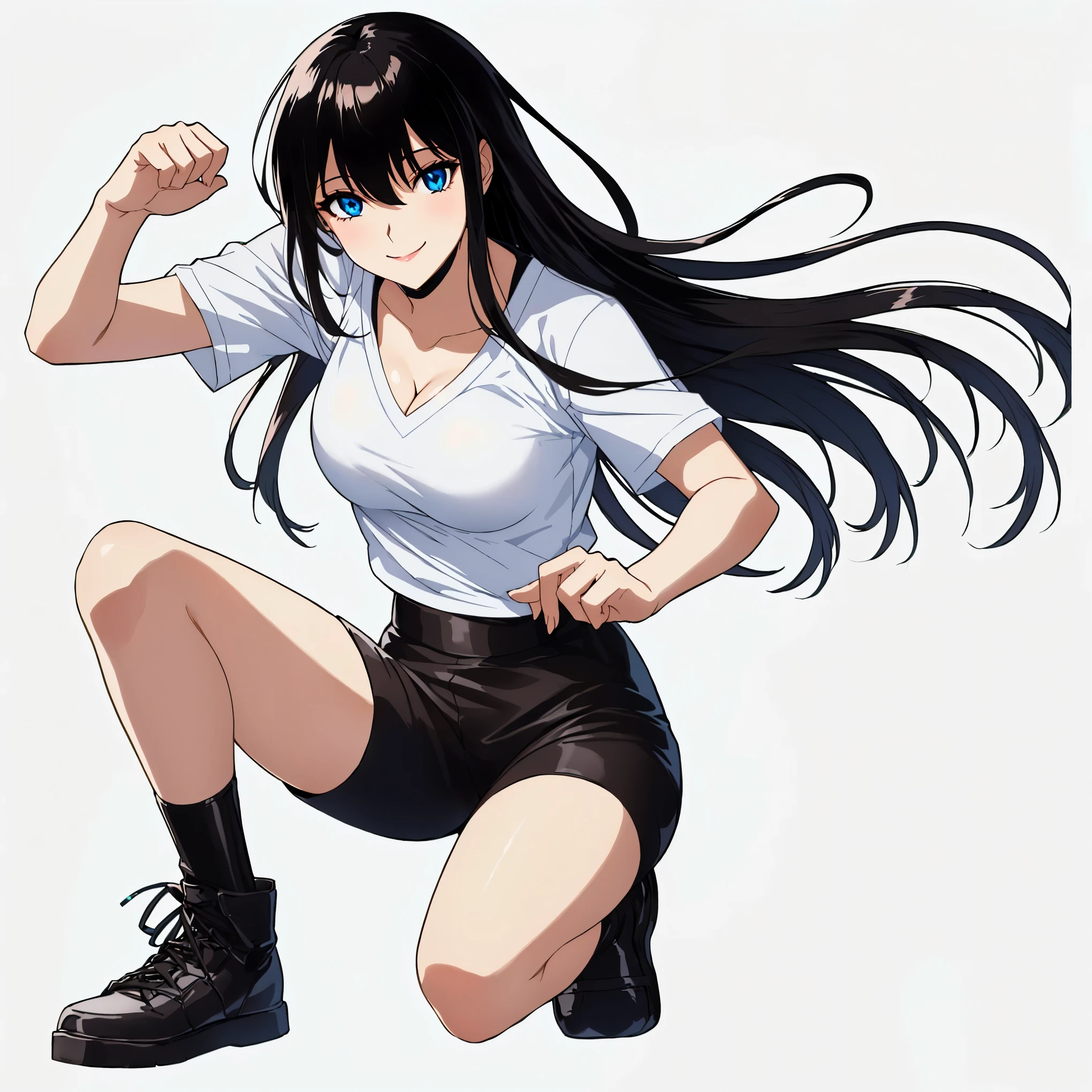 confident girl, anime with long black hair and white shirt posing, confident girl, pretty girl, big boobies, sensual girl, sexy girl, girl in transparent clothes, sexy clothes, beautiful-detailed Eyes, girls with cleavage, beautiful breasts, smiling girls, s smiling, smile cute, smiling characters, surprise girl, scared girl, beautiful breasts, sensual cleavage, confident looking