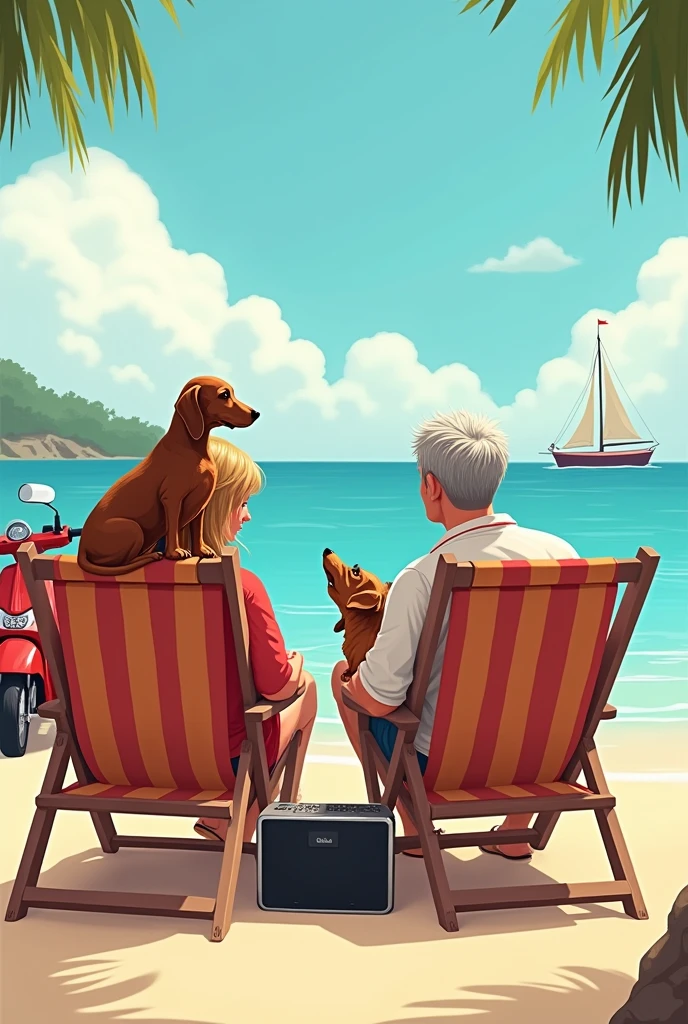 hairy dachshund dog and its owner a middle-aged man and his chubby wife with long hair sitting on the beach chair both looking at the ship on the horizon with a red motorcycle parked next to it and a dog on top of the chair and a bluetooth sound system 